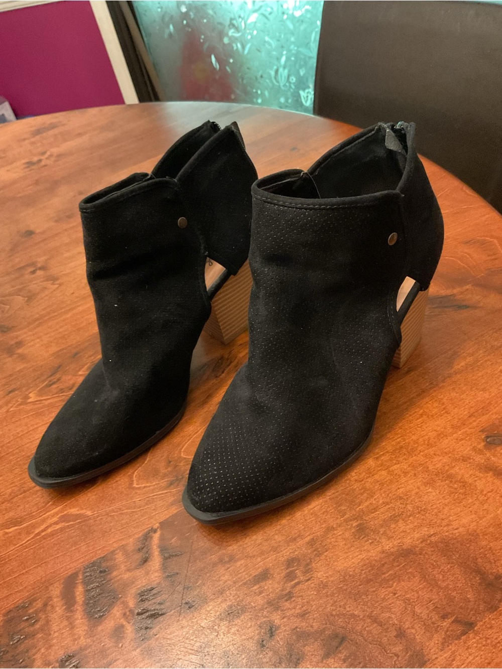 Qupid Black Suede Cutout Ankle Boots with Block Heel